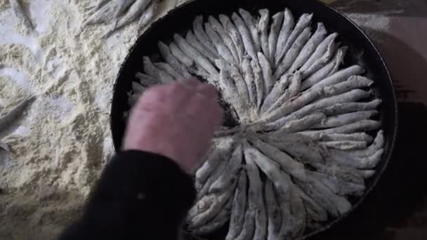En kokke, der placerer lodde fisk på jernpanden. – Stock-video