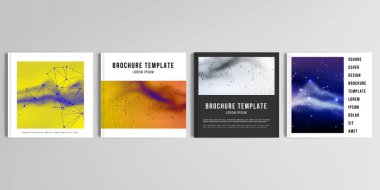 Kare broşür, kapak tasarımı, broşür, broşür, broşür, kitap tasarımı ve poster için gerçekçi vektör modelleri. Teknoloji veya bilim siber uzay kavramı için renkli dalgalı parçacık yüzeyi arkaplanı