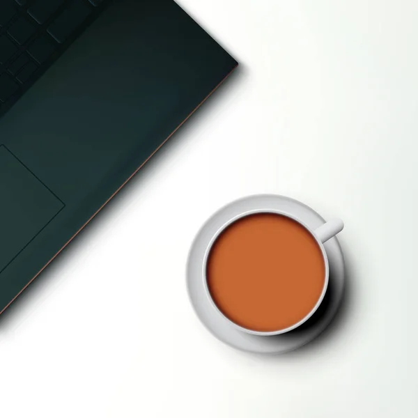 Laptop preto e uma xícara de café em um fundo branco. Conceito de escritório em casa, estudo ou freelance, trabalhando em casa. — Vetor de Stock