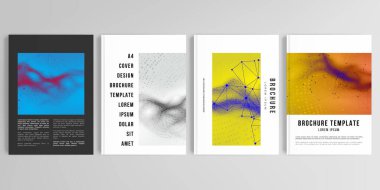 Broşür, kapak tasarımı, el ilanı, kitap tasarımı, poster için A4 'teki kapak modellerinin gerçekçi vektör düzeni. Teknoloji veya bilim siber uzay kavramı için renkli dalgalı parçacık yüzeyi arkaplanı
