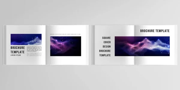 二つの正方形のパンフレット、チラシ、カバーデザイン、本のデザイン、パンフレットカバーのカバーモックアップテンプレートの3D現実的なベクトルレイアウト。デジタルデータの可視化、多角形の科学暗い背景. — ストックベクタ