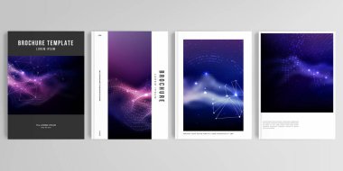 Broşür, kapak tasarımı, el ilanı, kitap tasarımı, dergi, poster için A4 formatında kapak tasarımı modellerinin gerçekçi vektör düzeni. Dijital veri görselleştirme, çokgen bilim koyu arkaplan.