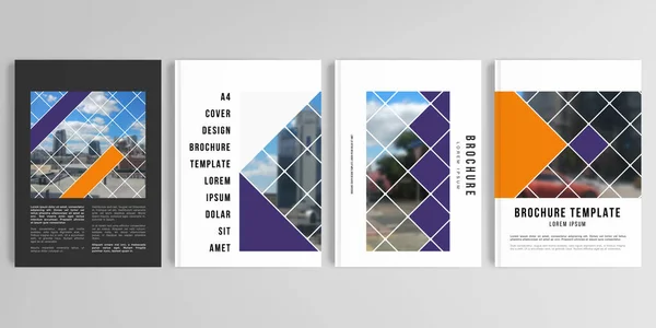 Broşür, kapak tasarımı, broşür, el ilanı, kitap tasarımı, dergi, poster için A4 'teki kapak modellerinin gerçekçi vektör düzeni. Geometrik şekilli soyut tasarım projesi, kareler ve bir fotoğraf için yer