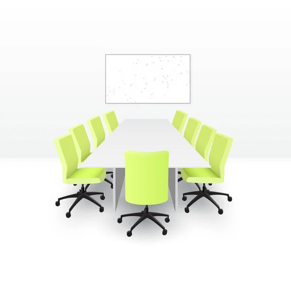 Sala riunioni in un ufficio con grande tavolo, monitor o tavolo di presentazione e con sedie di colore verde. Ufficio, lavoro, concetto di studio. — Vettoriale Stock