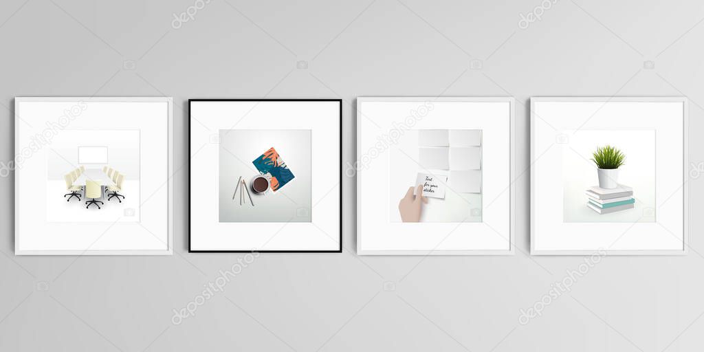 Realistic vector set of square picture frames isolated on gray background. Home office concept, study or freelance, working from home.