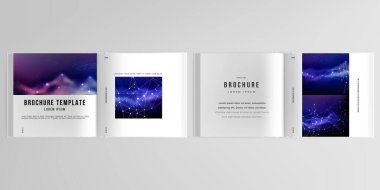 Çift katlı broşür, broşür, broşür, kapak tasarımı, kitap tasarımı, broşür kapağı için 3d gerçekçi vektör düzeni. Dijital veri görselleştirme, çokgen bilim koyu arkaplan.