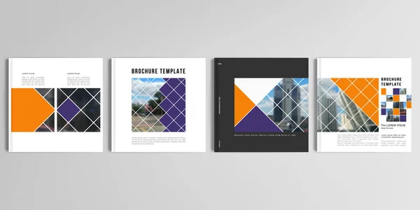 Kare broşür, kapak tasarımı, broşür, broşür, broşür, broşür, kitap tasarımı, dergi, poster için gerçekçi vektör modelleri. Geometrik şekilli soyut tasarım projesi, kareler ve fotoğraf için yer.