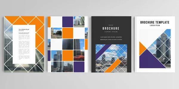 Broşür, kapak tasarımı, broşür, el ilanı, kitap tasarımı, dergi, poster için A4 'teki kapak modellerinin gerçekçi vektör düzeni. Geometrik şekilli soyut tasarım projesi, kareler ve bir fotoğraf için yer