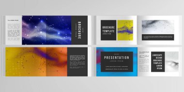 Peyzaj tasarımı broşürü, kapak tasarımı, el ilanı, kitap için yatay sunum şablonları vektör düzeni. Teknoloji veya bilim siber uzay kavramı için renkli dalgalı parçacık yüzeyi arkaplanı.