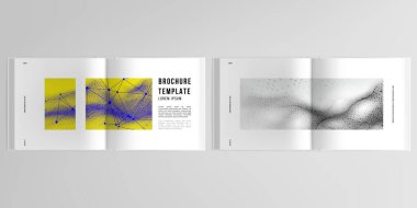 Çift katlı kare broşür, broşür, broşür, kapak tasarımı, kitap için kapak modellerinin 3D gerçekçi vektör düzeni. Teknoloji veya bilim siber uzay kavramı için renkli dalgalı parçacık yüzeyi arkaplanı.