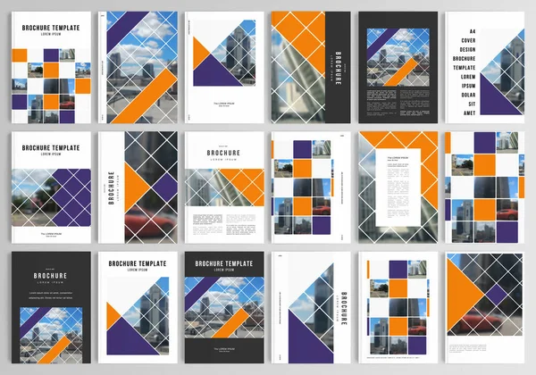 Realistic vector layouts of cover mockup templates in A4 for brochure, cover design, flyer, book design, magazine, poster. Abstract design project in geometric style with squares and place for photo. — Διανυσματικό Αρχείο