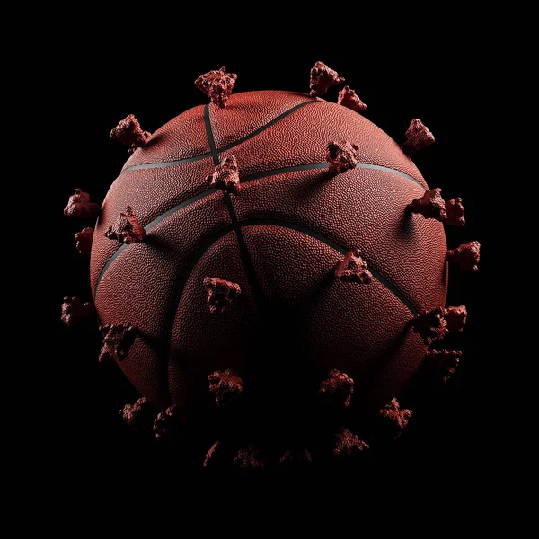 Siyah bir arka planda, Corona virüsü bulaşmış basketbol topu COVID19, izole. Spor karantinası, tecrit, salgın hastalık. 3 Boyutlu resimleme