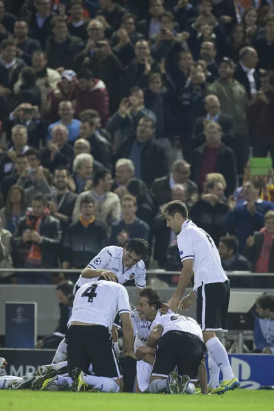 Jogadores Valencia Team comemorando um gol — Fotografia de Stock