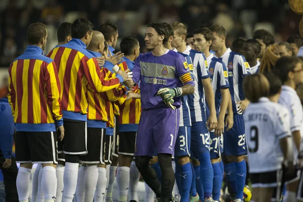 Minden játékos spanyol labdarúgó mérkőzésen között a valencia cf és az rcd espanyol — Stock Fotó