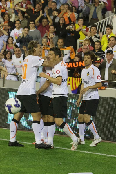 David Villa e David Silva comemorando um gol Juan Manuel Mata, Alexis — Fotografia de Stock