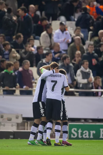 Valencia spelers vieren een doel — Stockfoto