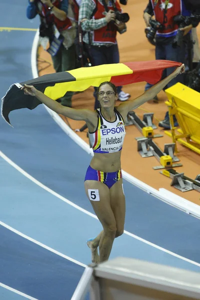 Tia Hellebaut viert de gouden medaille in de pentatlon — Stockfoto