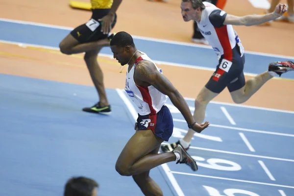 Oliver, Peremota, Mihailescu, Mathiszik compete nos 60 metros barreiras masculinas — Fotografia de Stock