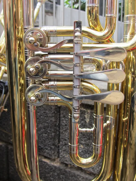 Baritonhörner. ein goldenes Euphonium-Tuba-Baritonhorn isoliert vor weißem Hintergrund im vertikalen Format. — Stockfoto