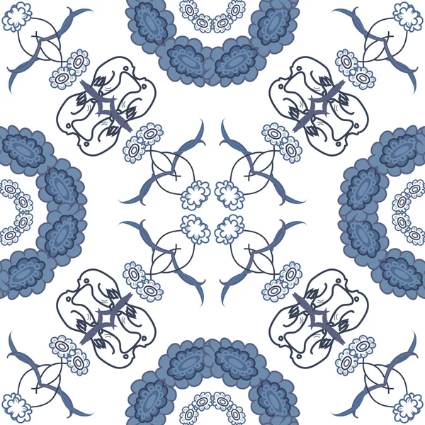 Fondo floral sin costuras, flores de silueta simbólicas azules sobre blanco. Vector — Archivo Imágenes Vectoriales