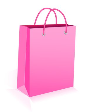 Kağıt alışveriş çantası ip ile işler. İzole pembe, vektör,