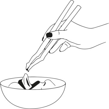 Elindeki yemek çubuklarını tabakta tutan kadının vektör çizimi. 