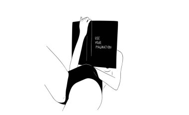 Üstsüz bir kadının bir elinde kitap tutarken, diğer elinde iç çamaşırıyla ve kitaptaki yazıyla kendini tatmin edişinin tasviri hayal gücünüzü ve konseptinizi kullanarak bir kadını zevk için serbest bırakın.