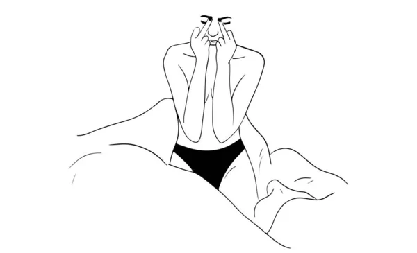 Illustration Topless Girl Sitting Bed Covering Her Face Her Hands — Vector de stock