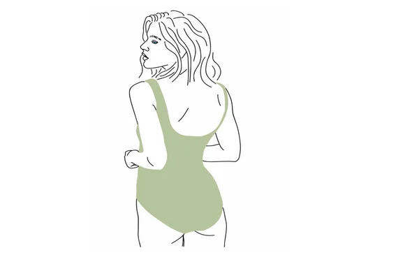 Silhueta Uma Mulher Maiô Verde Vista Traseira Ilustração Estilo Esboço —  Vetores de Stock