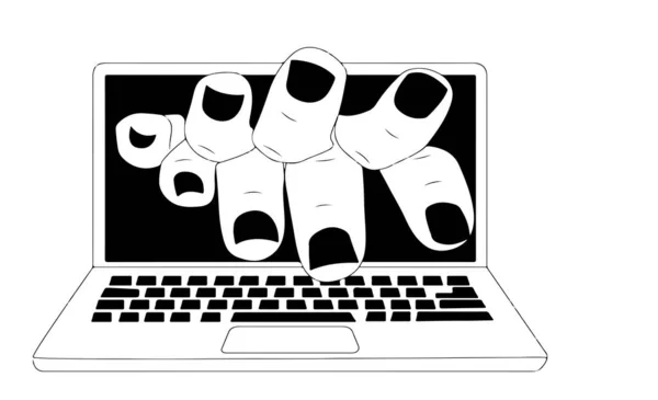 一个巨大的女性手指伸出黑色屏幕的笔记本电脑的草图式插图 — 图库矢量图片