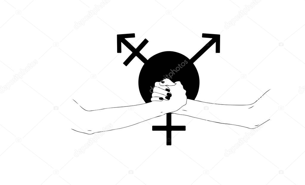 illustration of two female hands clenched on a background of gender symbols, the concept of gender equality 