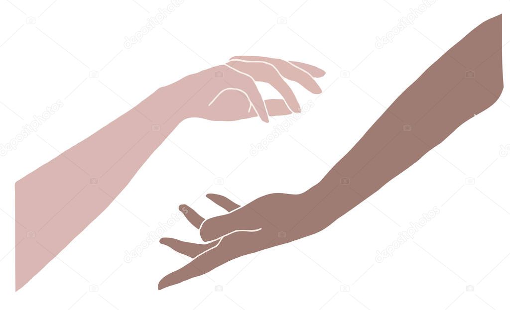 illustration of two different racial hands, one opposite the other,  hand in a yin-yang position,  the concept of racial equality