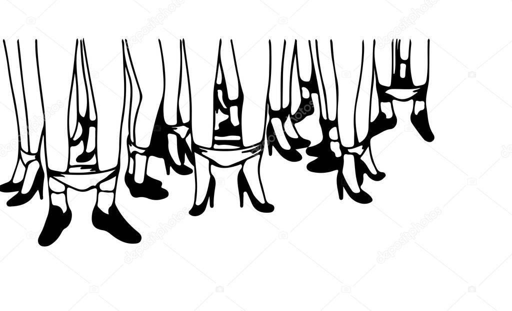 illustration of many female legs standing in heels and with lowered panties,  feminism concept 