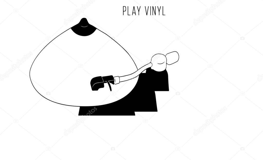 vector illustration, female breast in place of the record under the needle of the turntable, and Play vinyl inscription