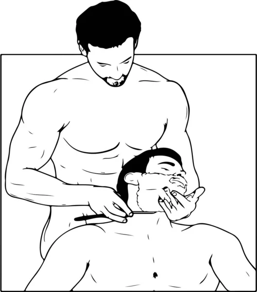 Σκίτσο Δύο Γυμνών Ανδρών Ένας Άνδρας Δικέφαλους Ξυρίζει Έναν Άλλο — Διανυσματικό Αρχείο