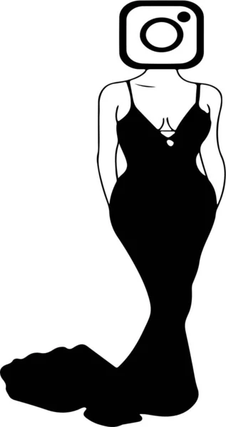 Schwarz Weiß Illustration Eines Sexy Mädchens Einem Schwarzen Eleganten Kleid — Stockvektor