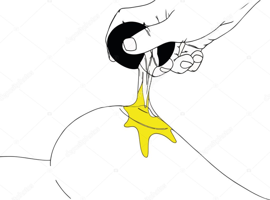 illustration of a male hand breaking an egg on a female breast and the yolk flowing down the nipple