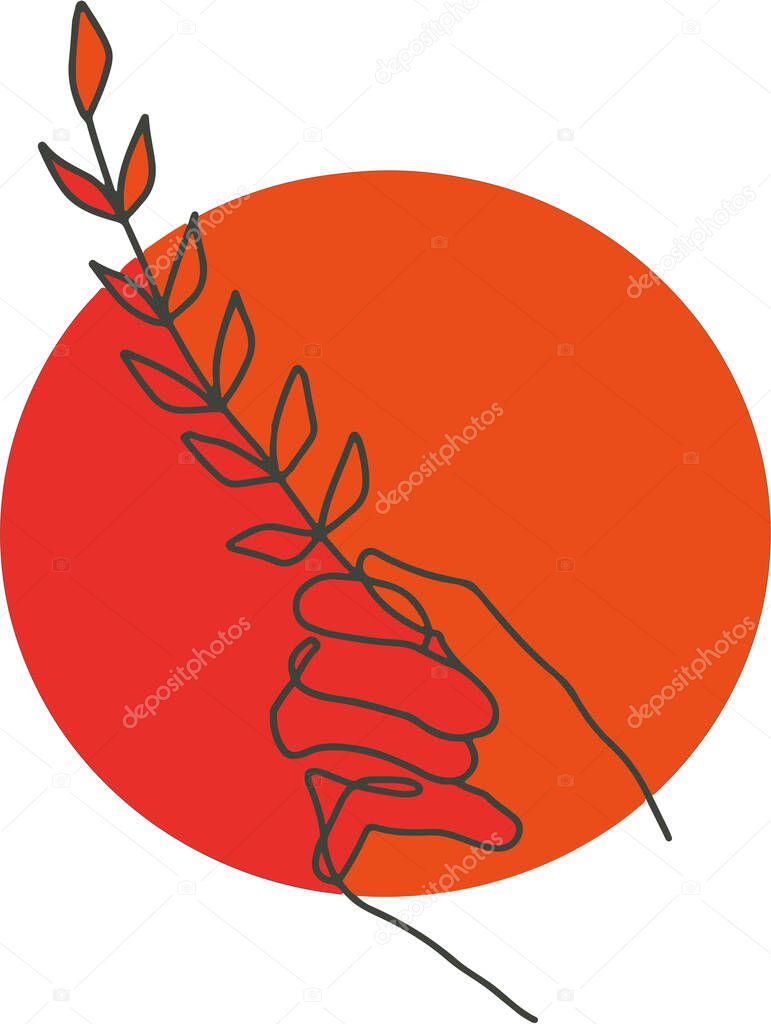 sketch of female hand holding the Laurel plant stem on an orange background, friend and peace concept