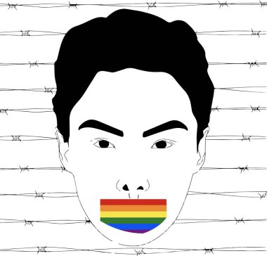 Ağzı dikenli tellerin arkasına bantlanmış gururla mühürlenmiş bir adamın yüzü.