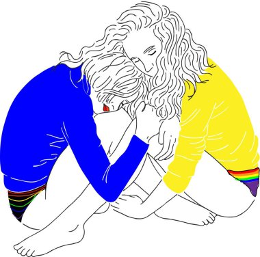Renkli kazaklar içinde oturan ve birbirlerinin dizlerine sarılan iki genç kızın resmi. Kadın arkadaşlığı kavramı ve LGBT topluluğu.