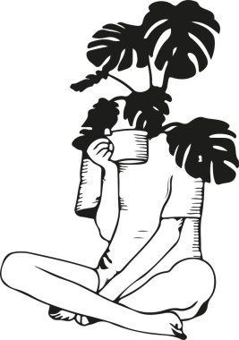 illustration of a girl with tropical leaves instead of her head drinking a drink on a white background  clipart