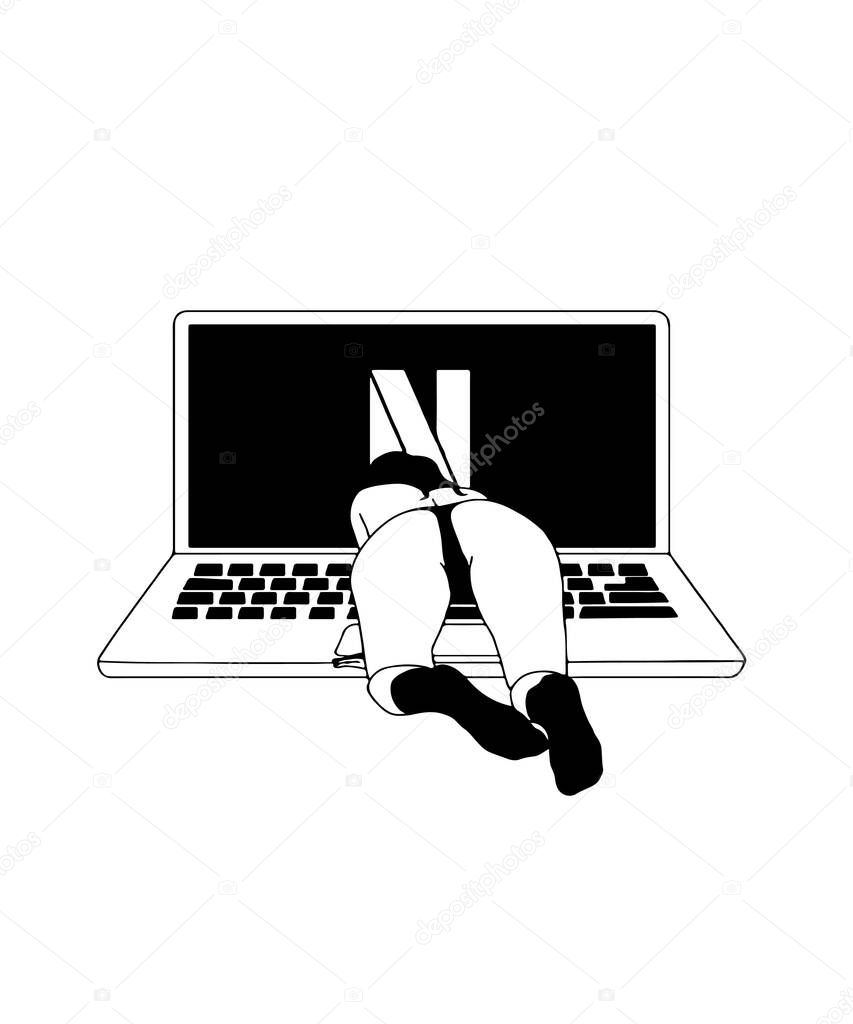 back view of a woman in black panties and black socks crawling on all fours towards the laptop 