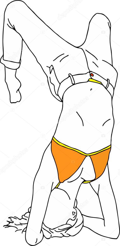 illustration of a young bright girl wearing in jeans and orange bra standing on her head