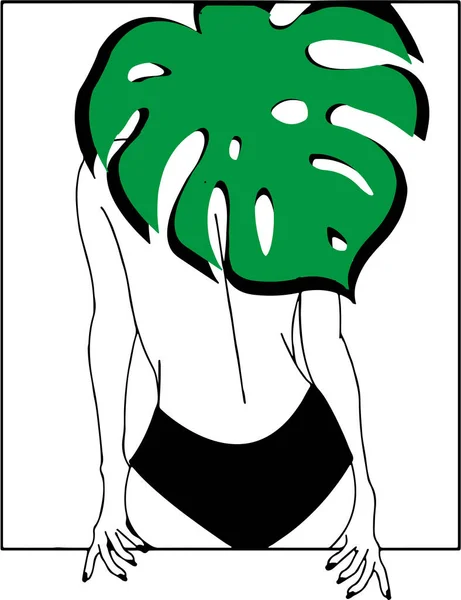 Back View Woman Underwear Big Green Monstera Leaf Isolated White — Stock Vector