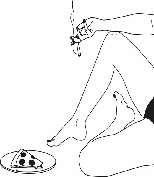 Dessin Art Une Fille Assise Sur Sol Tenant Une Cigarette — Image vectorielle