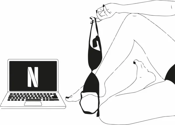 Κορίτσι Κάθεται Κοντά Ένα Φορητό Υπολογιστή Και Κρατώντας Σουτιέν Της — Διανυσματικό Αρχείο