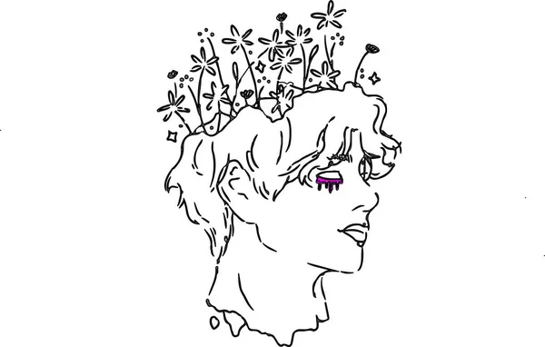 Vektor Nakreslit Mladému Muži Hlavu Květinami Místo Vlasů — Stockový vektor