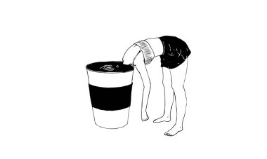  Kafası bir fincan kahveye indirilmiş bir kızın vektör çizimi