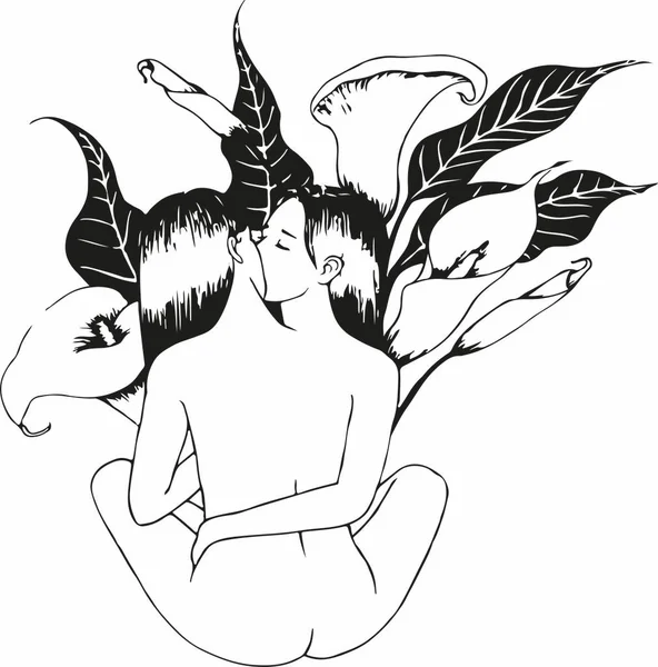 女孩在花朵中接吻的抽象例证 女性友谊的概念 以及男女同性恋 双性恋和变性者群体 — 图库矢量图片