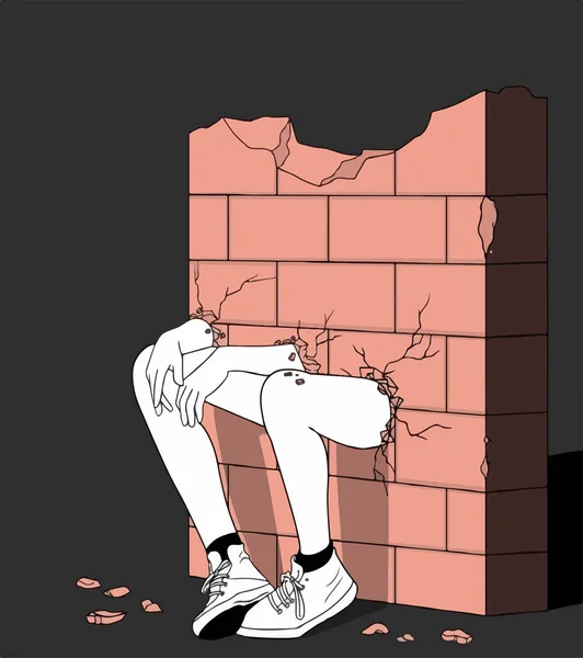 Иллюстрация Разрушающейся Стены Которой Торчат Женские Ноги Руки — стоковый вектор
